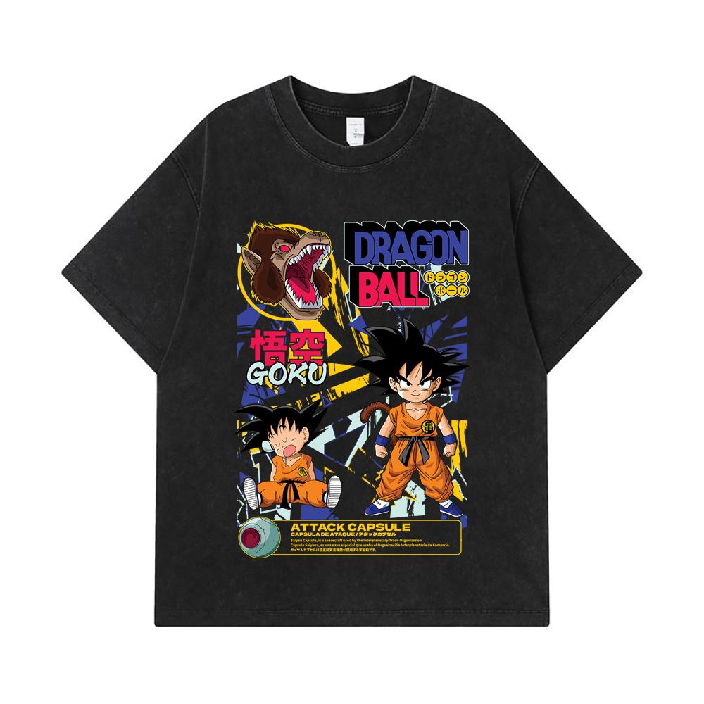 275 GSM Washed T-shirts 100% Cotton Dragon Ball V40 Goku Capsule Print Unisex Heavy Cotton T Shirt