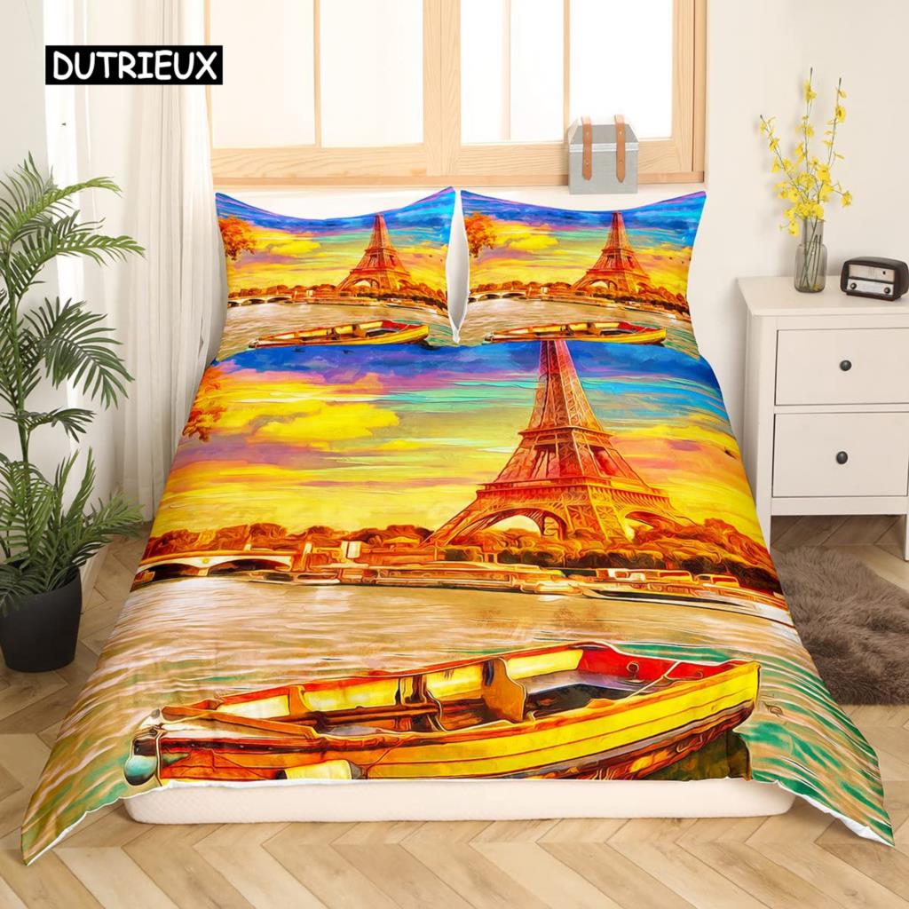 Valentine Day King Queen Duvet Cover Paris Eiffel Tower Bedding Set Pink Watercolor Tulips Flowers Balloon Polyester Quilt Cover