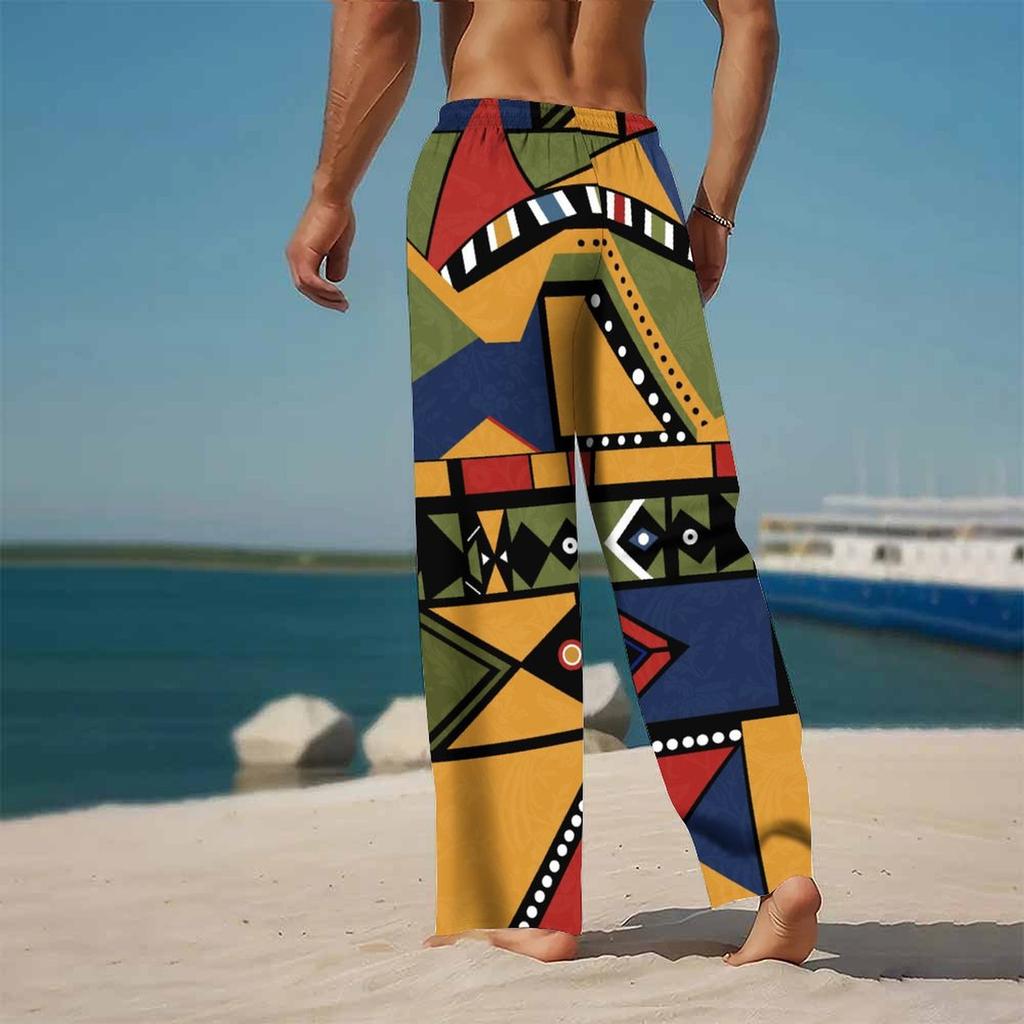 Men Orange Green Red African Kente Geometric Print Drawstring Straight Trousers With Side Pockets Ethnic Bottoms