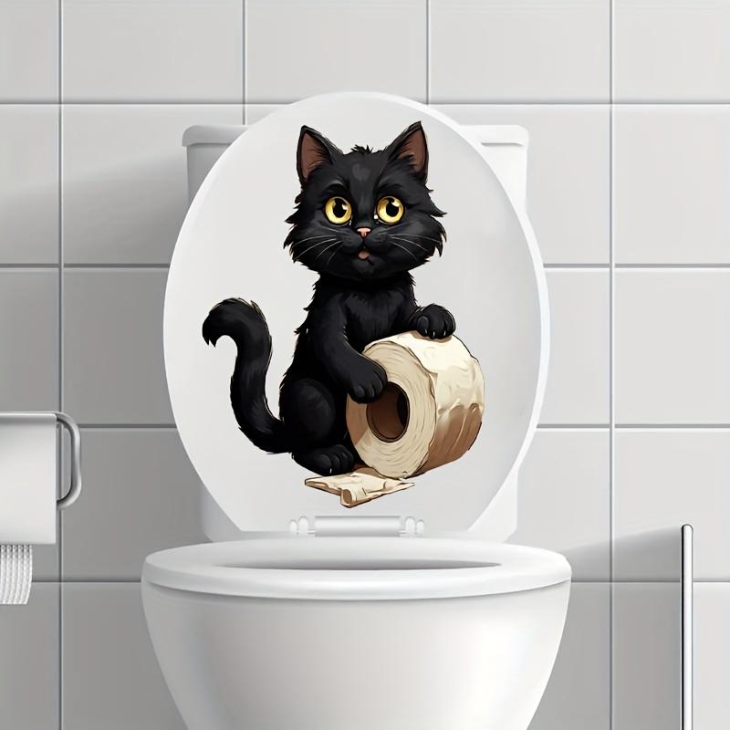 Cute Black Cat Toilet Paper Toilet Sticker Bathroom Toilet Cover Waterproof Sticker Wc For Home Decoration Transparent Decals S633