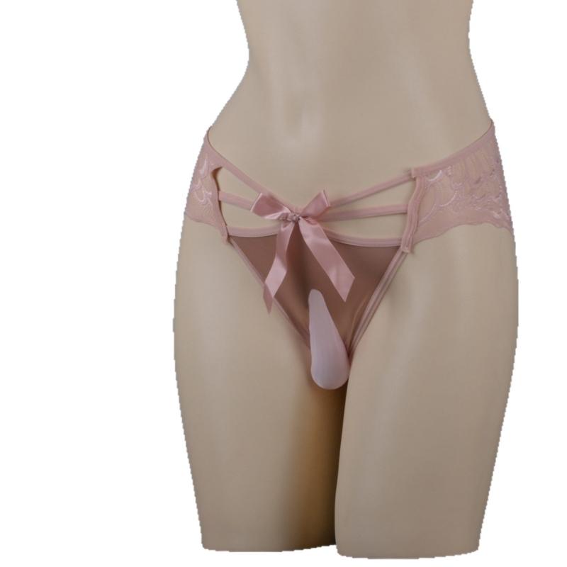 Men Sexy Underwear Hollow Lace Panties Satin Silk Bow Cross Thin Pouch Penis Sheath Briefs Crossdressing Sissy Lingerie