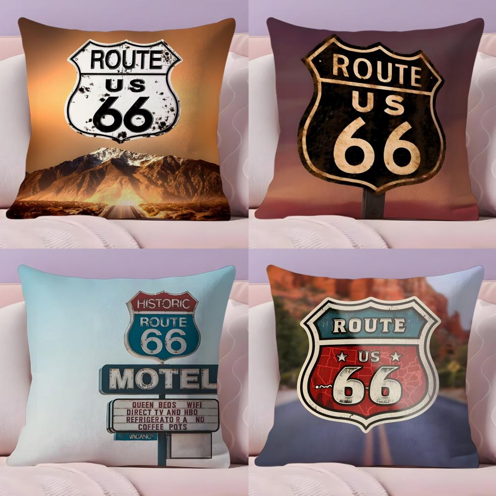 Classic Route 66 Retro Cushion Cover Plush Fabric Soft Double-Sided Printed Sofa Warm Winter Home Gift Pillow Cover
