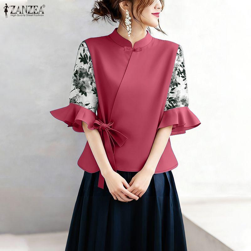 ZANZEA Women Casual Stand Collar Print Splice Half Sleeve Loose Blouse