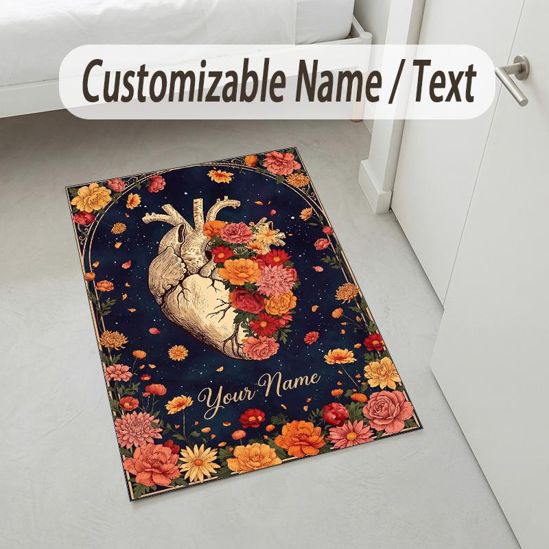 Floral Theme Soft Crystal Velvet Rug Custom Name & Text Print Non Slip Floor Rug for Bedroom Living Room