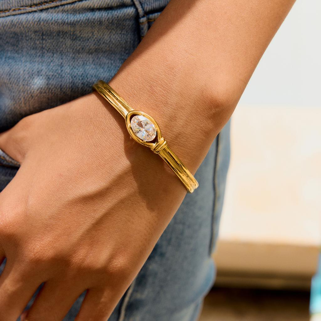 Yori Cubic Zirconia Stainless Steel Metal Cuff Open Bracelet Bangle 18K Gold PVD Plated Statement Waterproof Wrist Jewelry Bijou