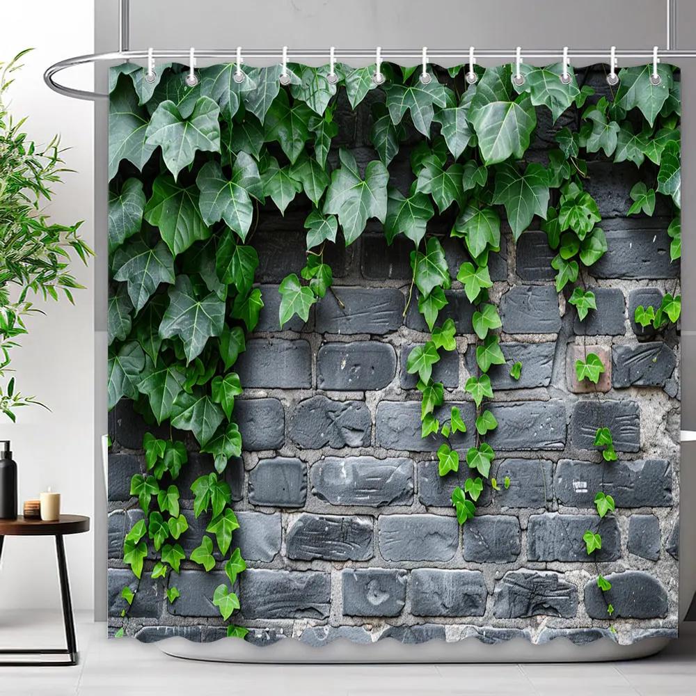 Rustic Rustic Wooden Panel Garden Wall Shower Curtain Green Plant Leaf Enclosure Fence Polyester Shower Curtains Bathroom Decor