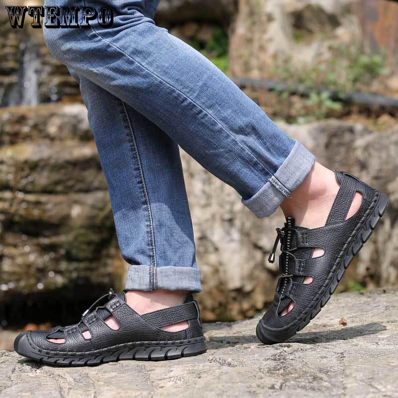 Мужские сандалии Кожаные нескользящие пляжные уличные кожаные сандалии 44 коричневый — фото 8