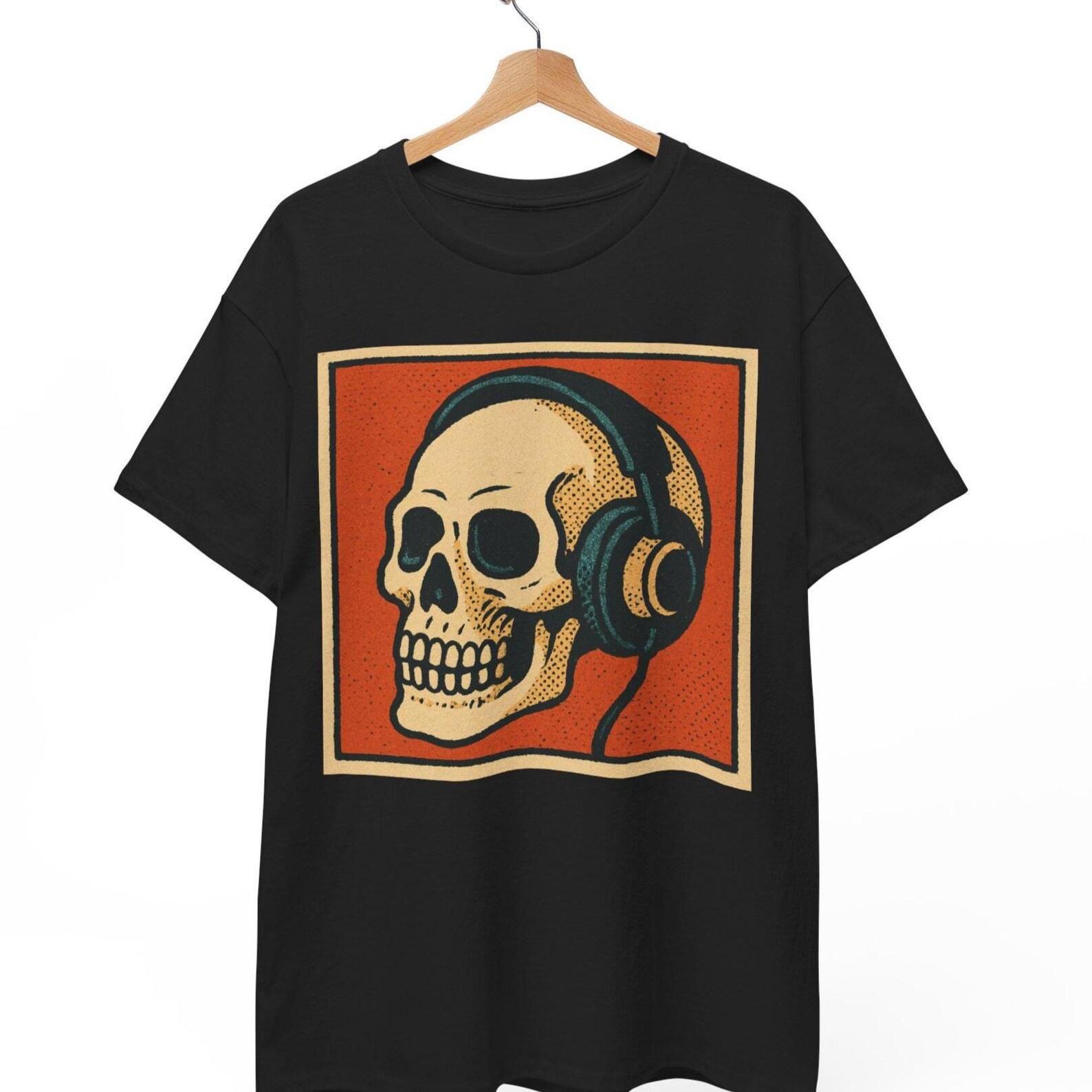 Skull Headphones Comic T-Shirt: Retro DJ Graphic Tee S