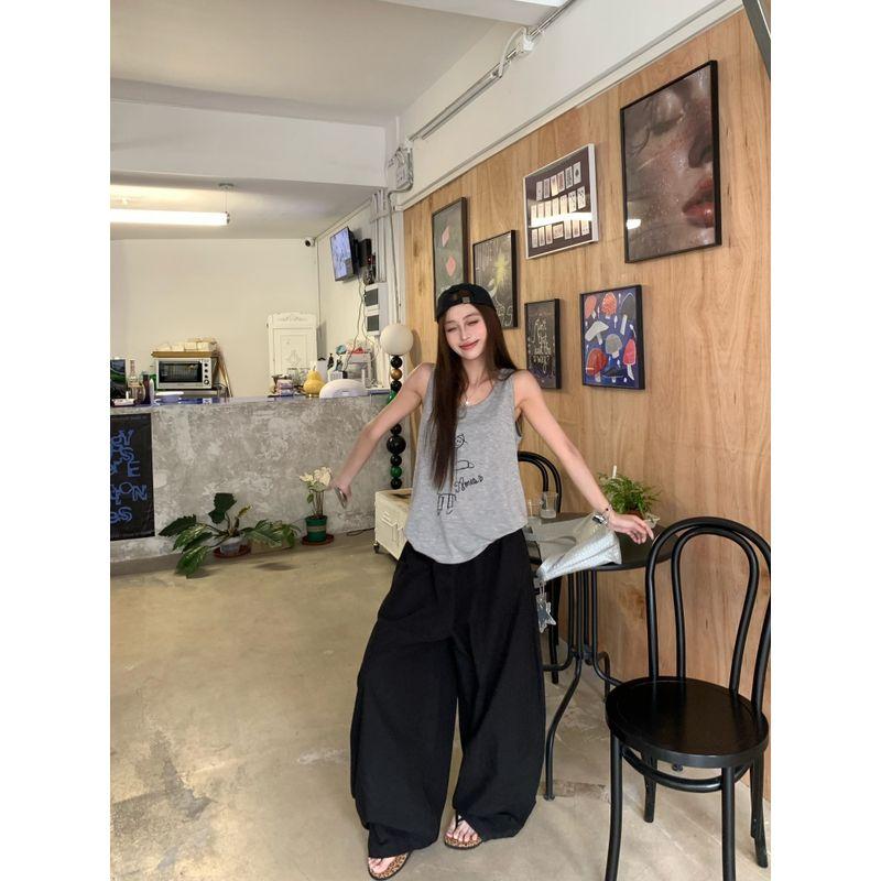 Kumikumi Idle Style Gray Printing Vest Camisole Women's Summer Loose Slim Looking Casual Pants Pants Two-piece Set