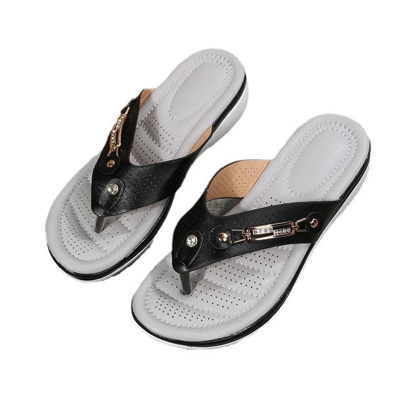 Sommer 2024 Damen Übergröße Keilabsatz Flip-Flops mit Metallschnalle - Lässige Europäische & Amerikanische Style Strand Sandalen