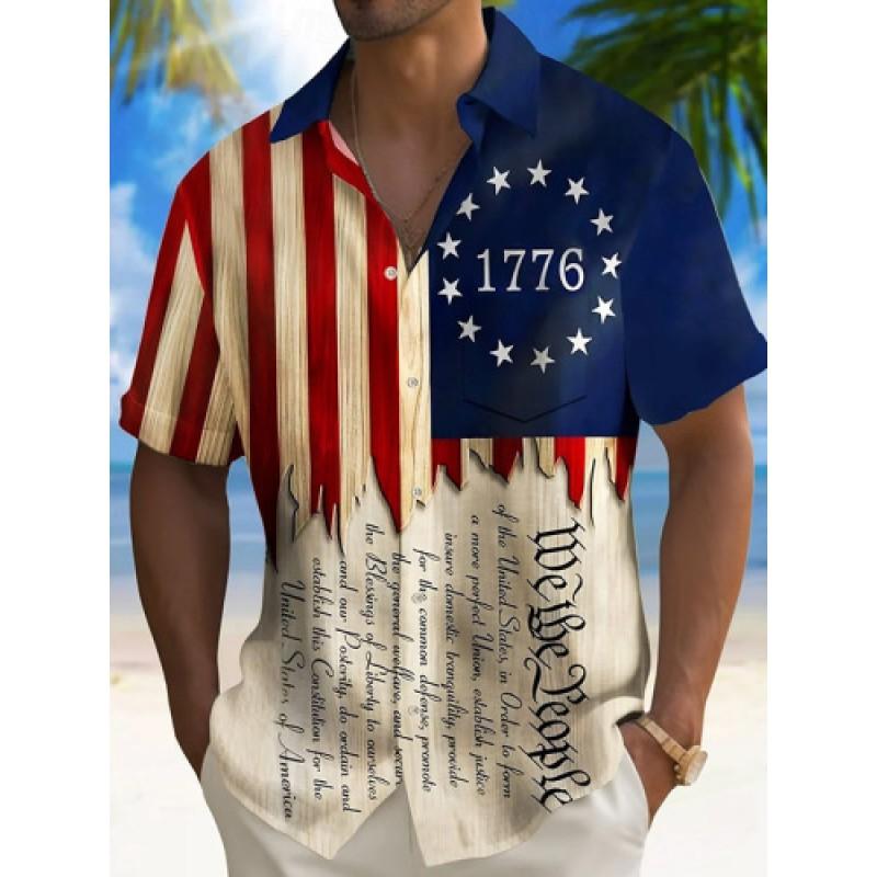 Mens Short Sleeve Casual Shirt Vintage Hawaiian Print Loose Fit Streetwear