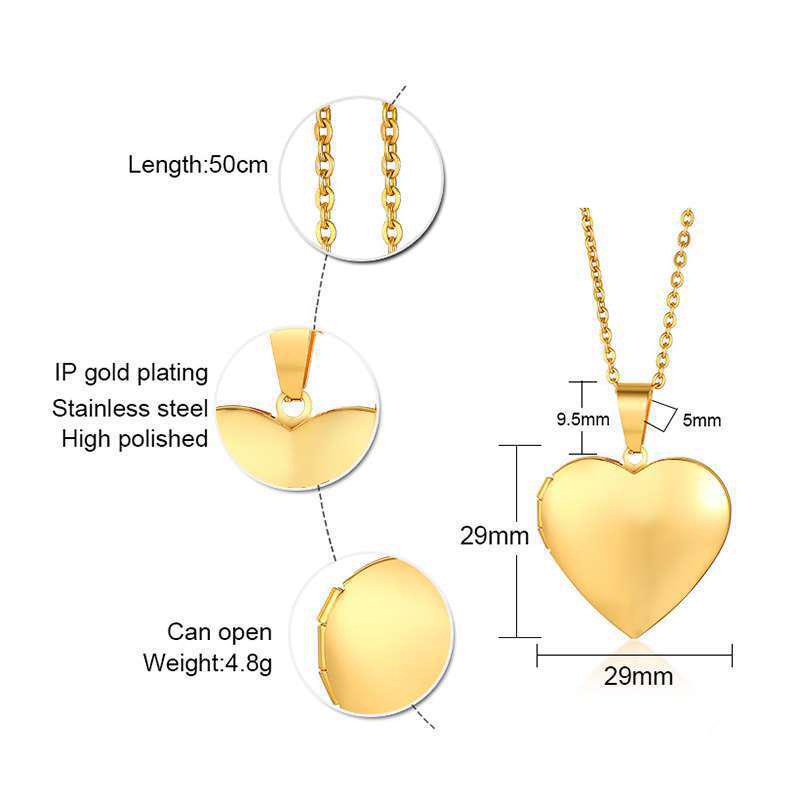 Gold Women's Heart-Shaped Stainless Steel Photo Locket Pendant PN-1255
