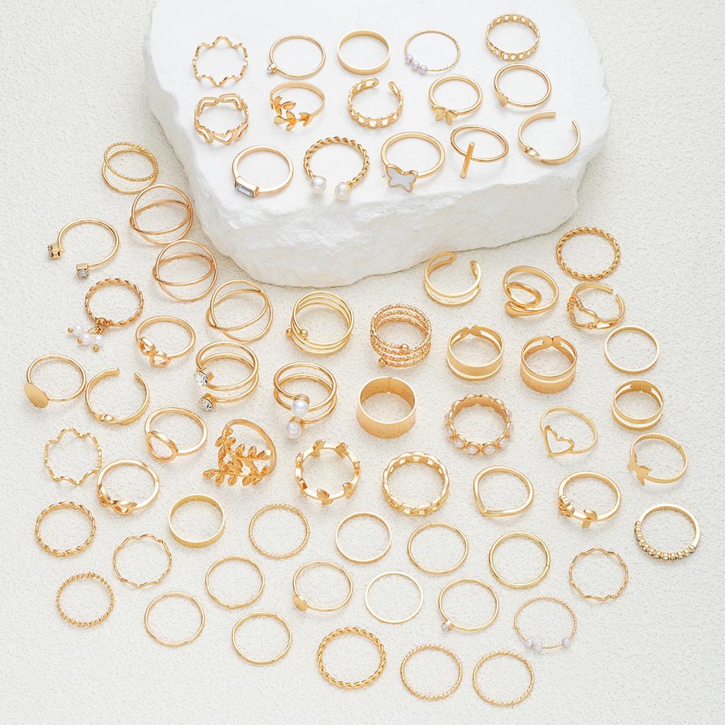 68Pcs Elegant Gold Color Ring Set for Women Vintage Boho Crystal Pearl Heart Geometric Rings Fashion Daily Wear Jewelry Gift New