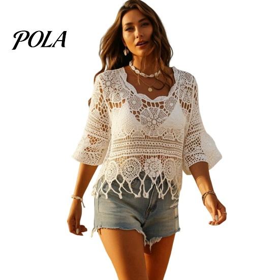 Suéter de Punto Hueco para Mujer, Tops de Ganchillo, Cuello Redondo, Mangas Acampanadas 3/4, Cubierta para el Sol de Verano, Camisa para Superponer, Bohemio
