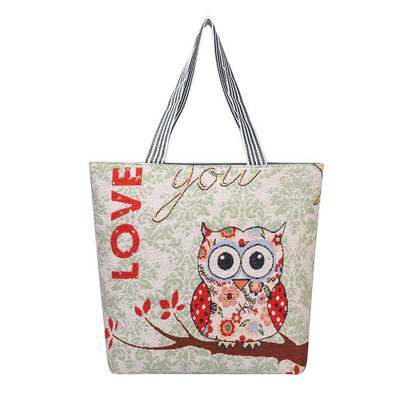 Fashion Owl Canvas Tote Bag With Embroidery And Large Capacity For Daily Use