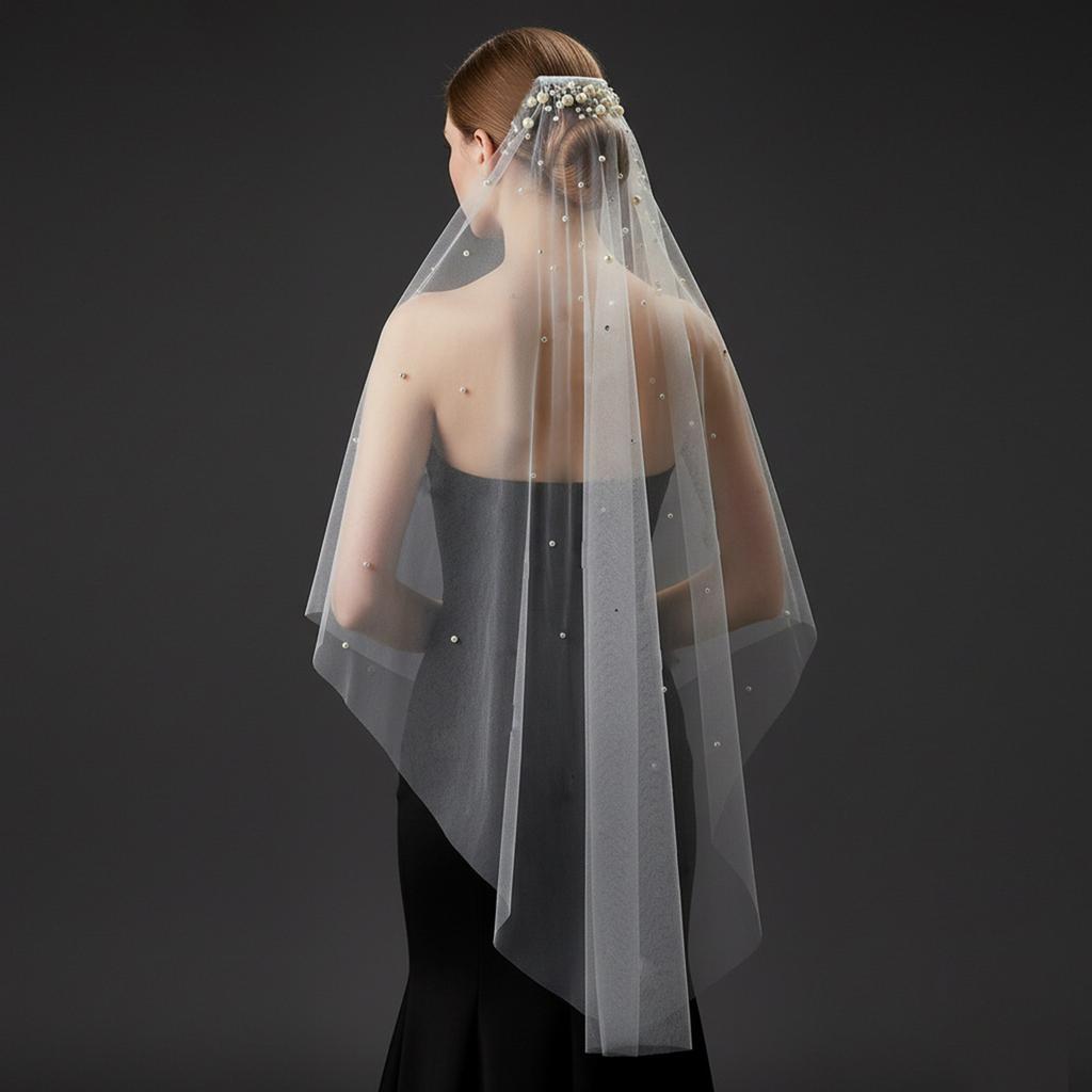 Pearls Crystal Decors Bridal Veils with Hair Comb Seethrough Sheer Single Layer Head Veils for Wedding Event Photography