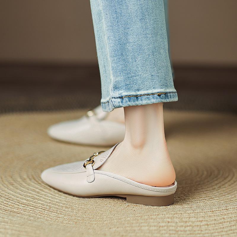 Baotou Half Slippers Women's Outer Wear 2025 Summer New Flat-bottomed Horse Buckle Leather Soft-soled Lazy Shoes Large Size Women's Shoes