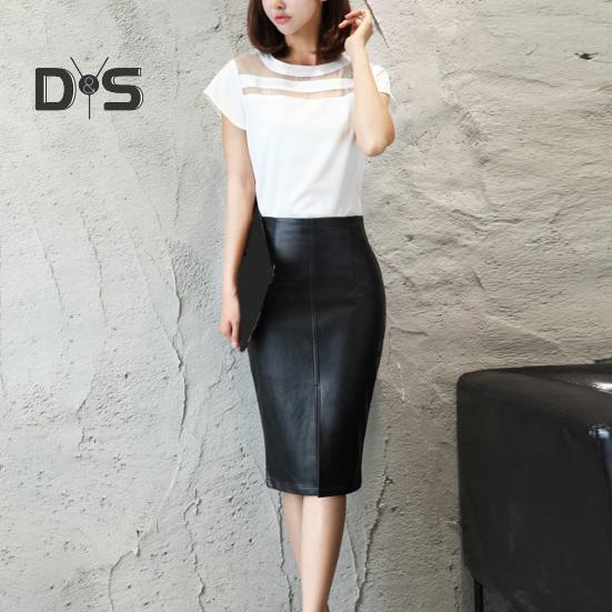Women Skirt High Waist Sheath Slim Fit Skinny Faux Leather Split Hem Knee Length Solid Color Smooth Zipper Closure OL Commute Lady Midi Skirt