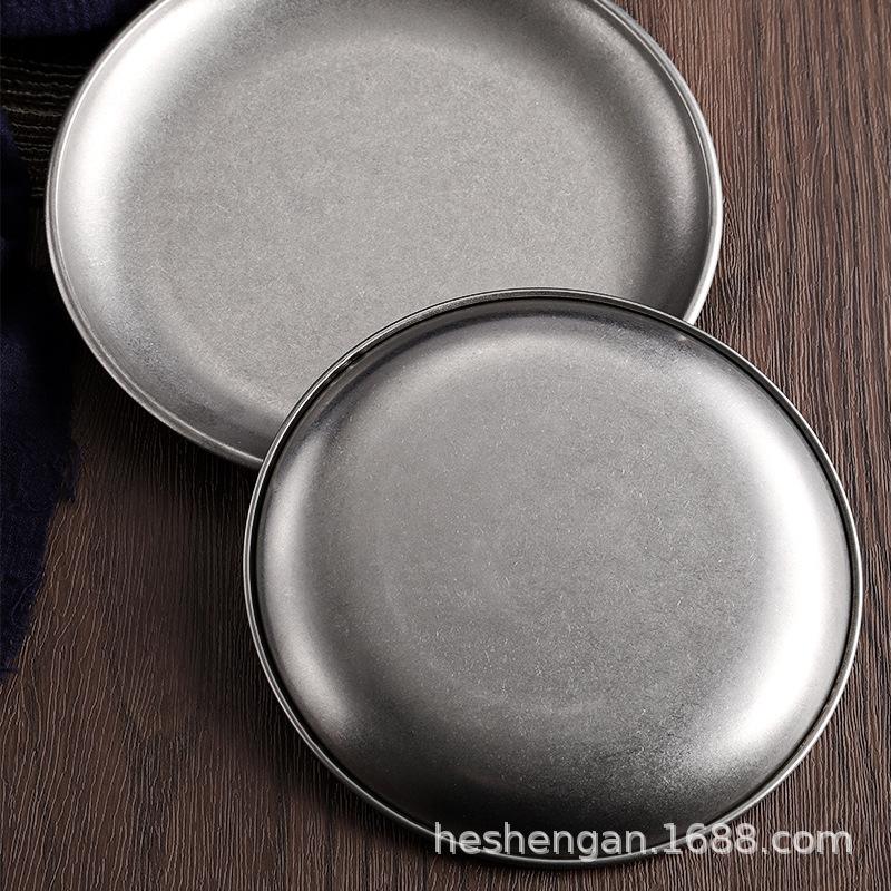 Korean version of stainless steel plate coffee shop tray flat bottom shallow plate barbecue plate bone plate retro tableware