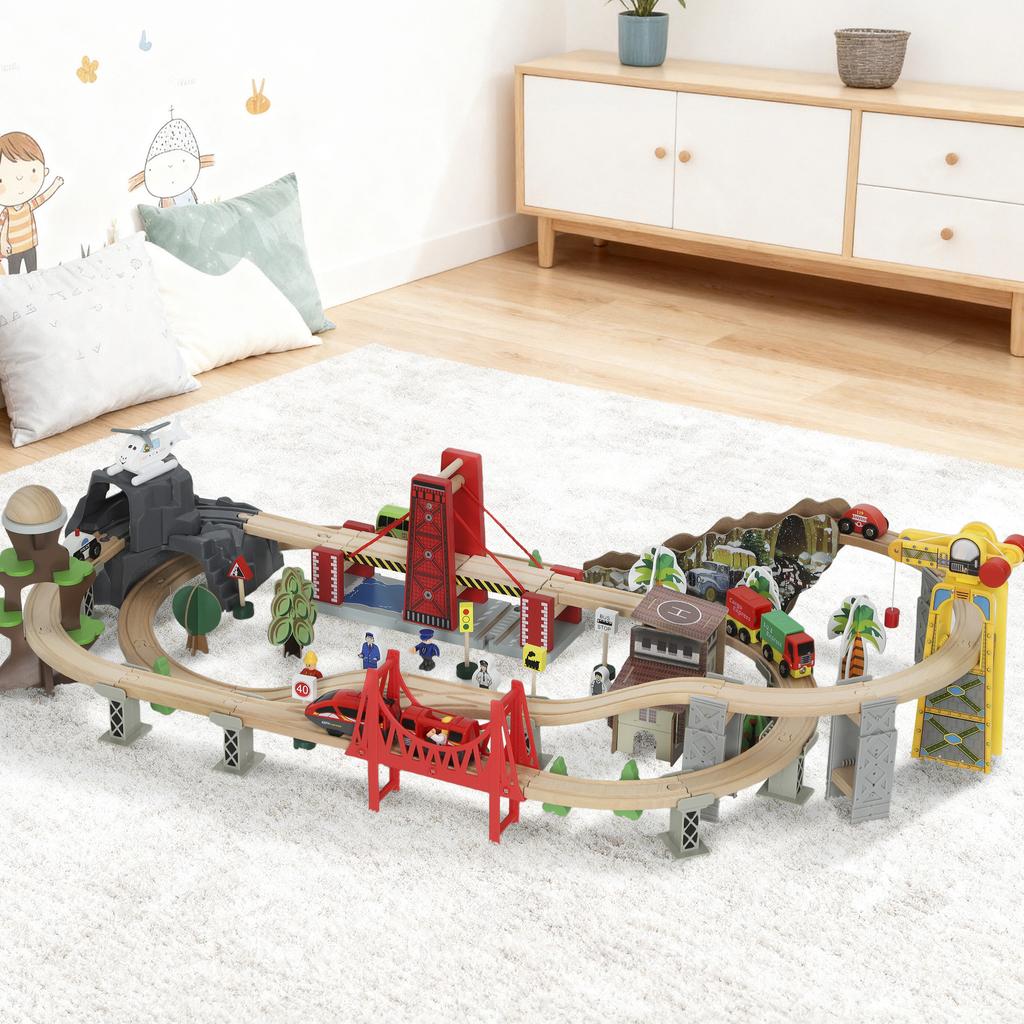 Wooden Train Set for Children, 100 Pieces, Magnetic Railway Toys with Crane, Bridge, Helicopter, Multicolor