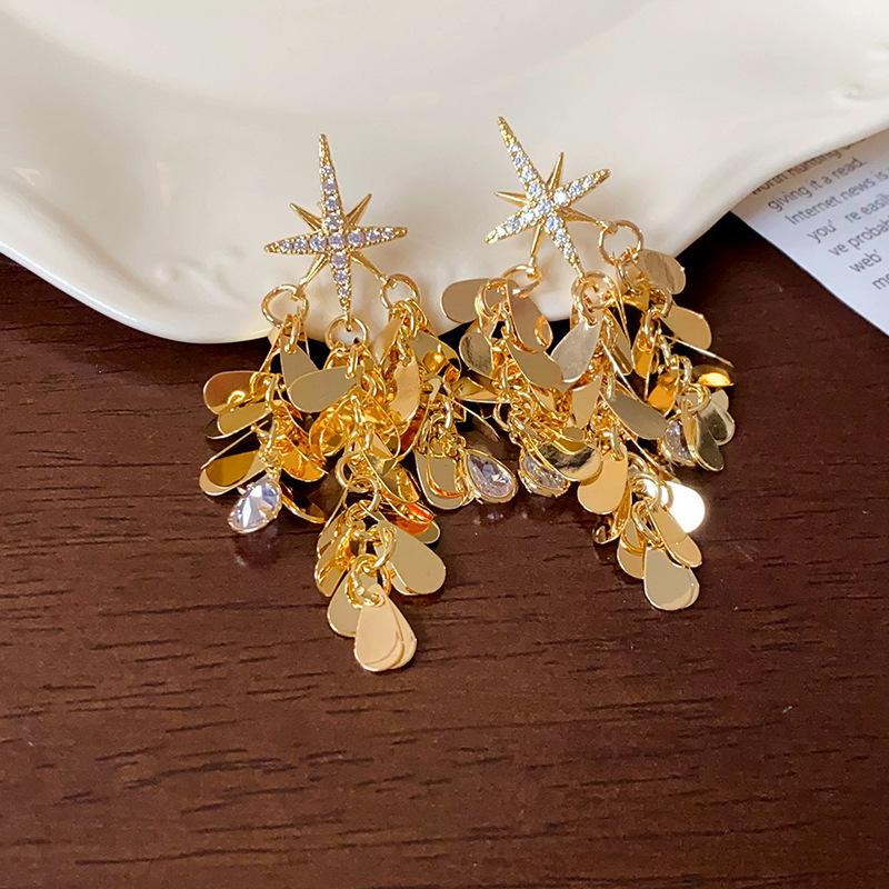 

Real gold electroplated silver needle zircon fringed earrings high sense exaggerated earrings personality light luxury temperament earrings