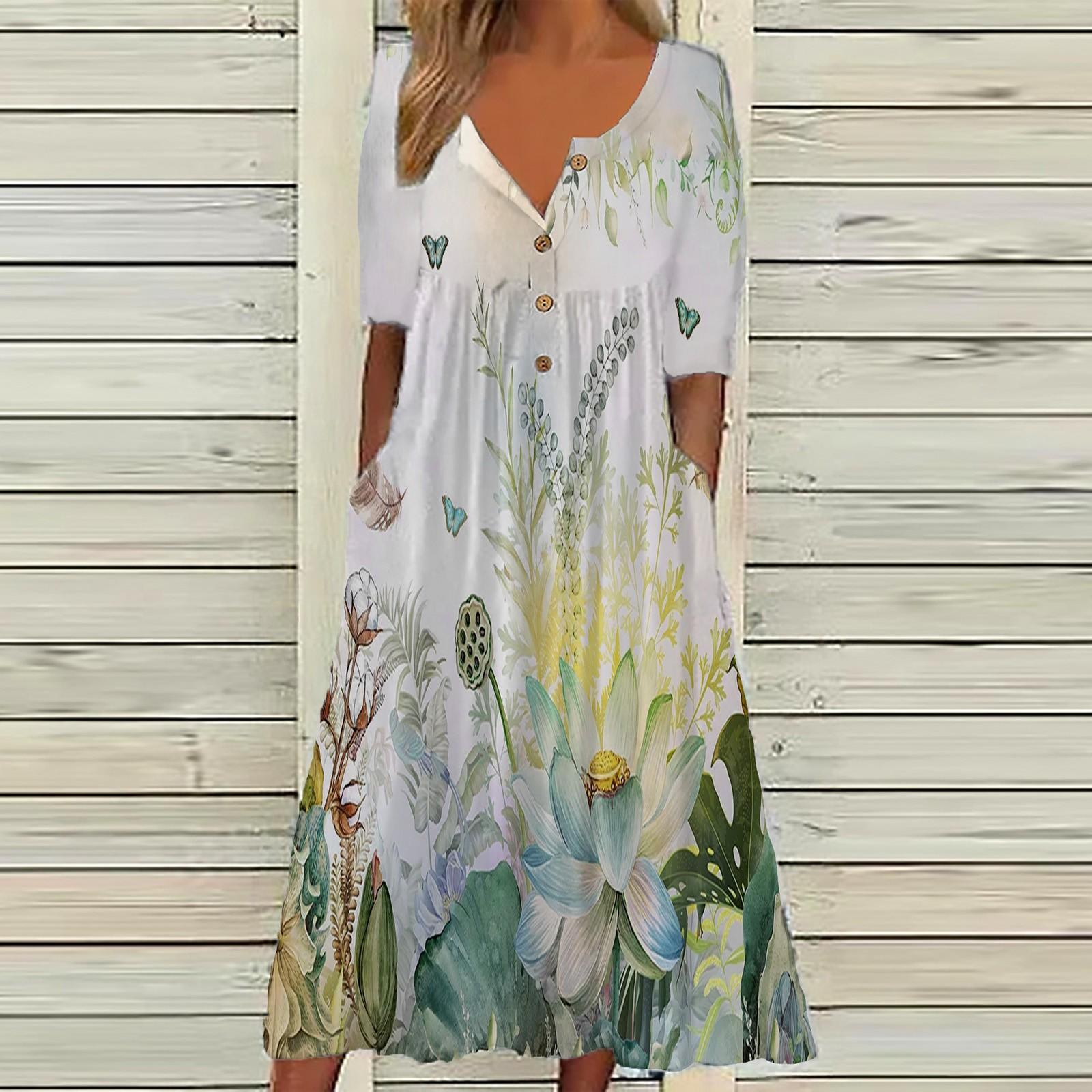 

Женское платье на пуговицах с цветочным карманом и коротким рукавом с V-образным вырезом, повседневное свободное платье L