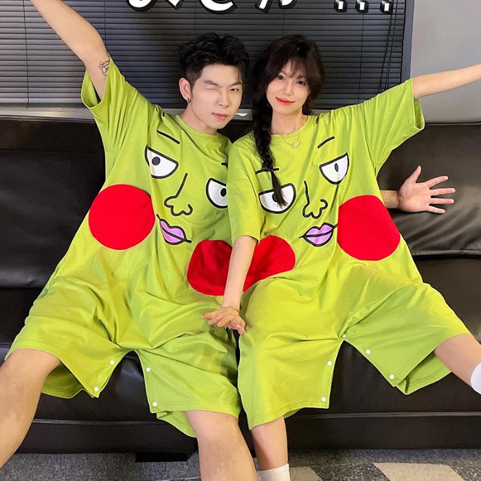 

Летняя ночная рубашка из чистого хлопка с ямочками - свободное домашнее платье с коротким рукавом для пар для женщин Large