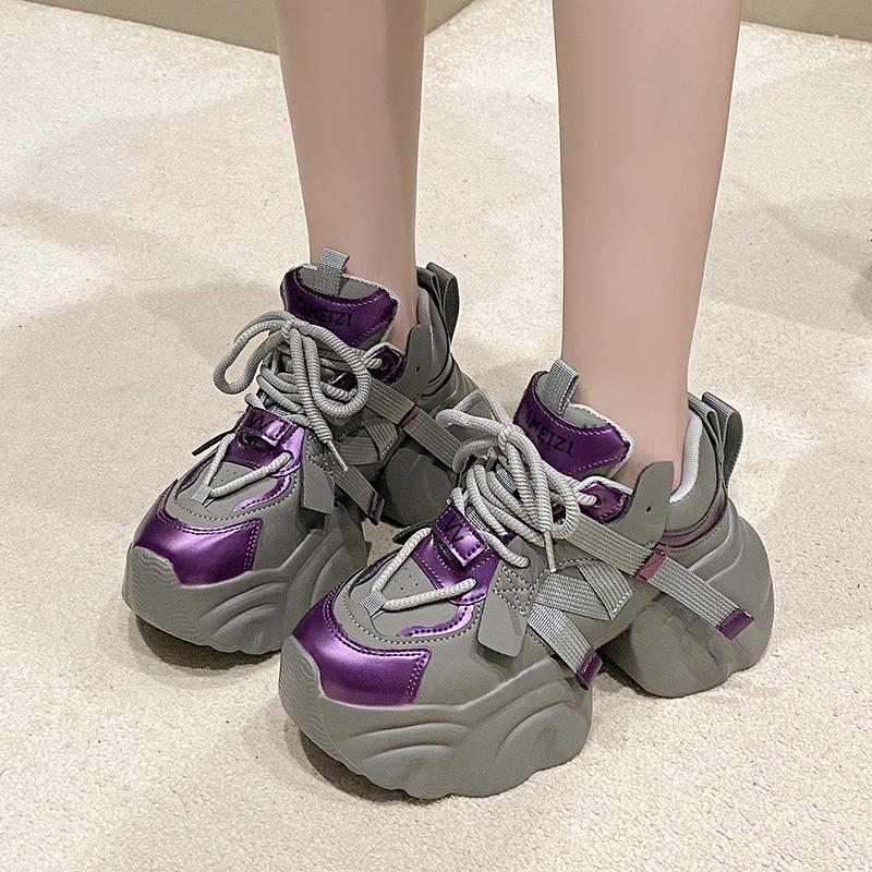 Fashion 7.5CM Women High Platform Sneakers Autumn Winter Lace-up Chunky Shoes Heels Thick Sole Casual Shoes Woman Sport Leather Sneakers