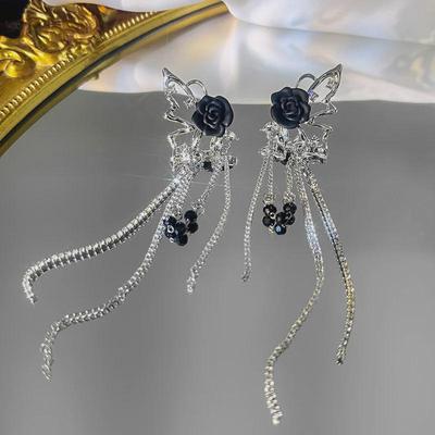 Elegant Butterfly Tassel Ear Clips - Non-Pierced, Dark Sweet Rose Style