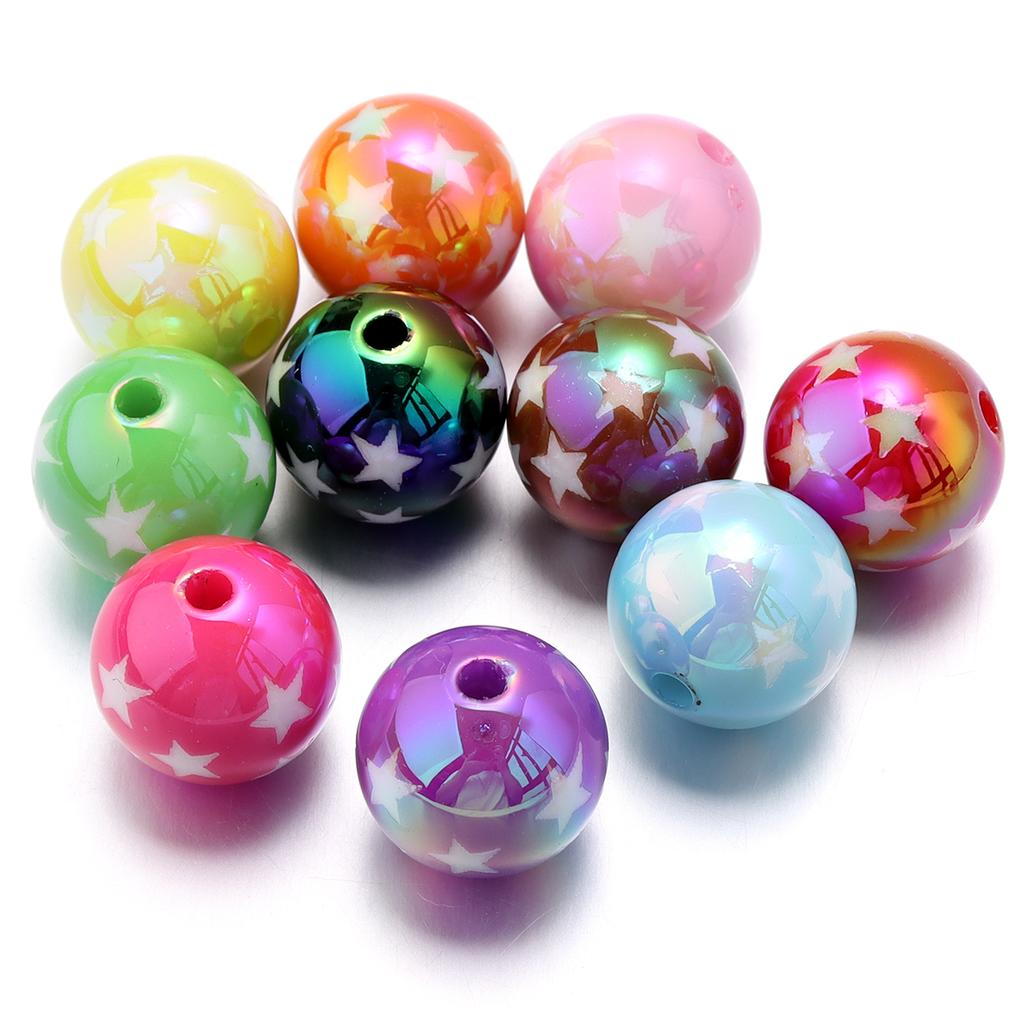 10Pcs 15.5mm Acrylic Plated UV Colored Beads Stripes Star Printed Loose Round Beads For DIY Phone Chain Jewelry Accessories