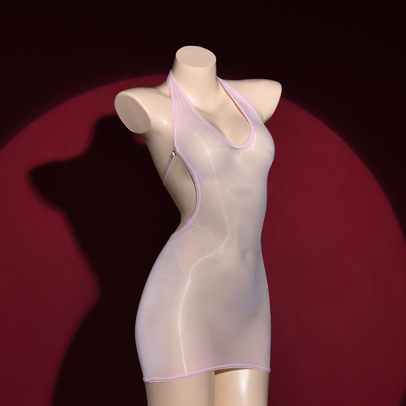 Glossy Ultra-Thin V-Neck Bodycon Dress Horse Oil Stockings Temptation Bed Black Silk Smooth Sexy Tight Mini Dress