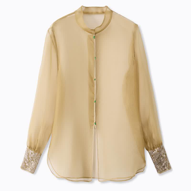 Snowforte 100% Mulberry Silk New Chinese Style Jacquard Shirt M