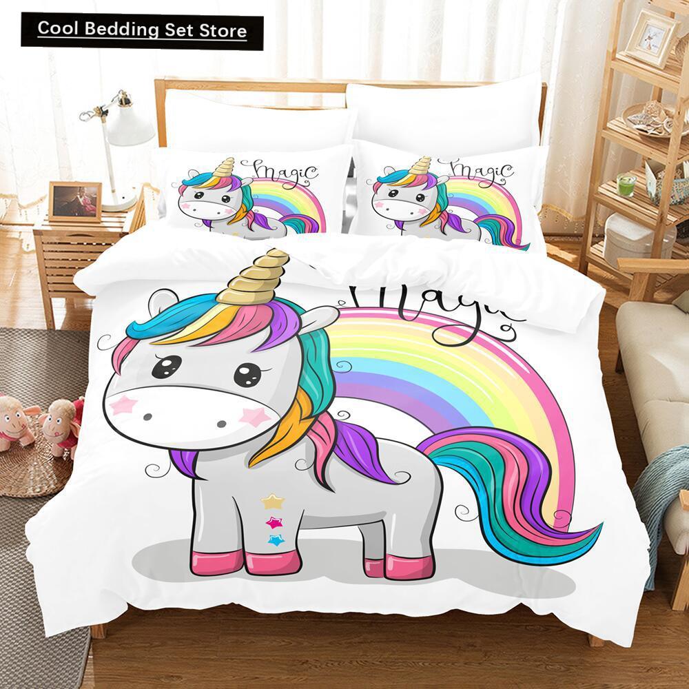 Cartoon Rainbow Unicorn Bedding Sets 135x200 Duvet Cover Set Pillowcases Queen Single Double Twin Size Bed Linen for Kids Girls