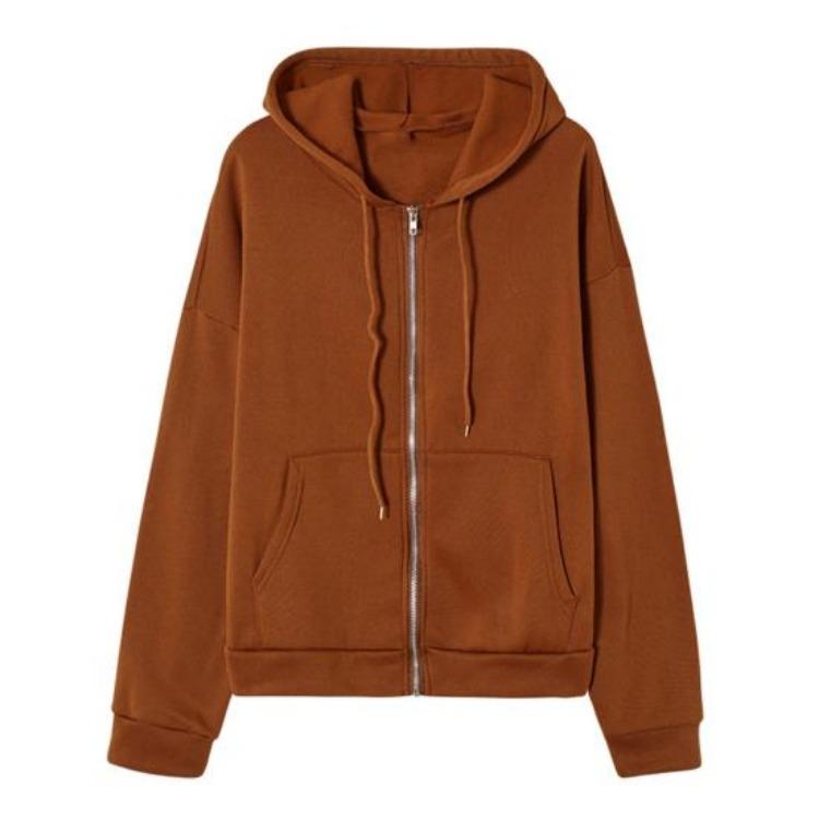 

Autumn Winter Women Hooded Zipper Sweatshirt Thick Hoodies Solid Color Drawstring Coat Casual Daily Wear M кофейный