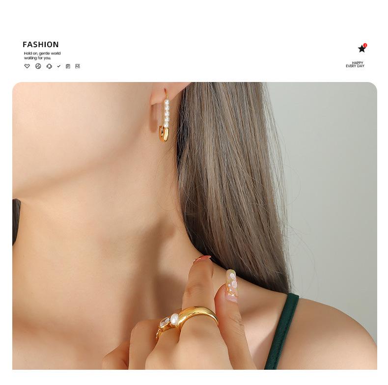 European & American Retro Style Paperclip Faux Pearl Titanium Steel 18K Gold-Plated Earrings