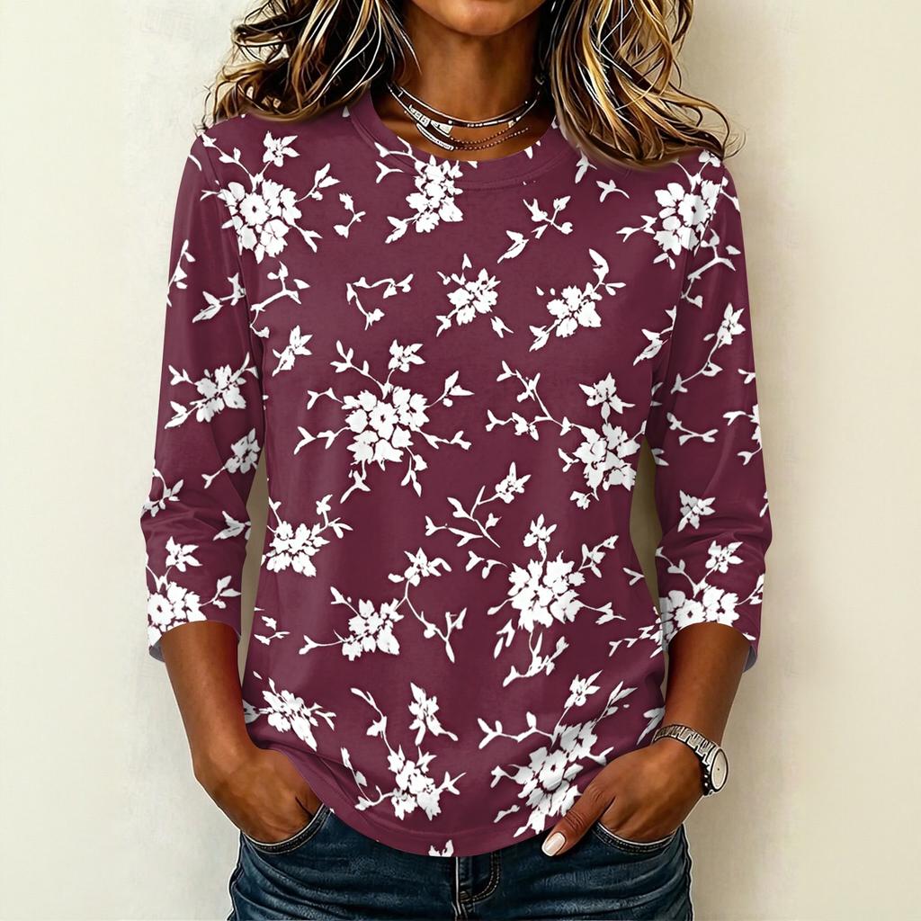 Womens Casual Round Neck 3/4 Sleeve Floral Print T Shirt Top Lightweight Soft Fabric Comfortable Fit Stylish Design