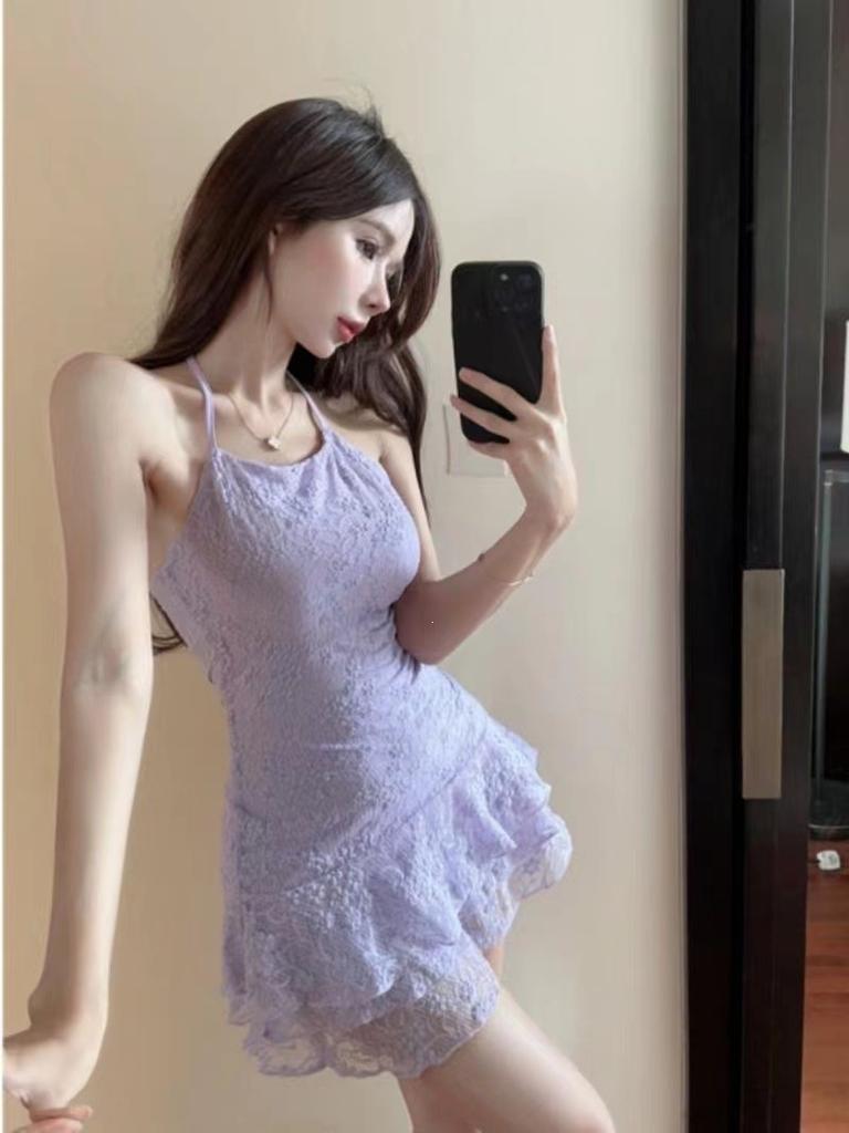 French Sweet Spice Girl Lace Splicing Neck Closed Waist Skinny Women's Summer A-Word Backless Suspender Pleated Dress