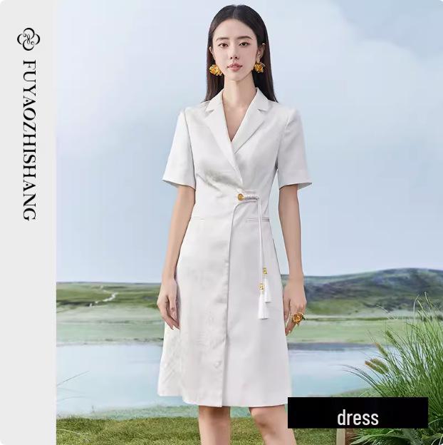 

Женское летнее белое платье с коротким рукавом - Национальный стиль с китайским принтом, Улучшенный дизайн костюма OL, Текстурированная ткань M