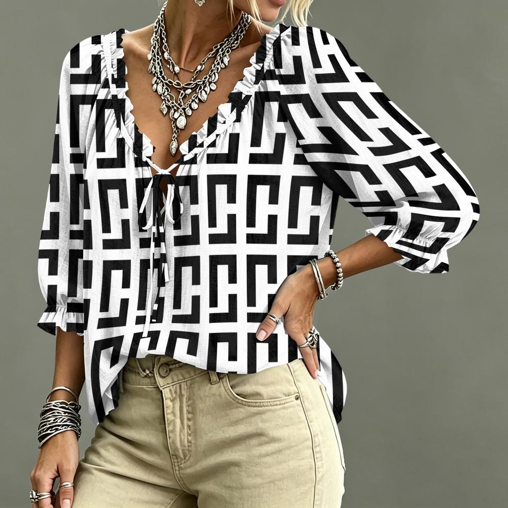 Women's Casual Plaid V-Neck Ruffle Blouse with Tie Neck