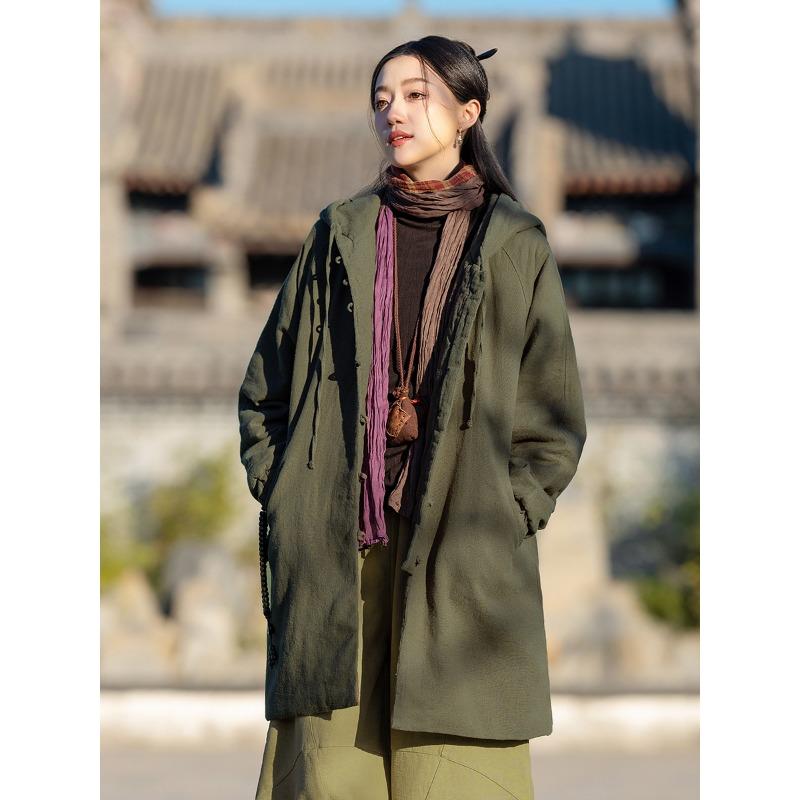 

25 Зимняя новинка ретро китайская рами застежка капюшон хлопковая теплая одежда Тан хлопок верх средней длины и длинная хлопковая одежда One size