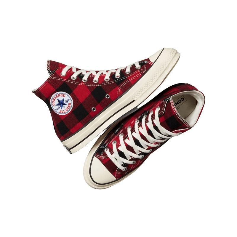 Beyond Retro x Converse Chuck 70 High Upcycled Flannel Unisex Sneakers Red Black Pristine A05312C