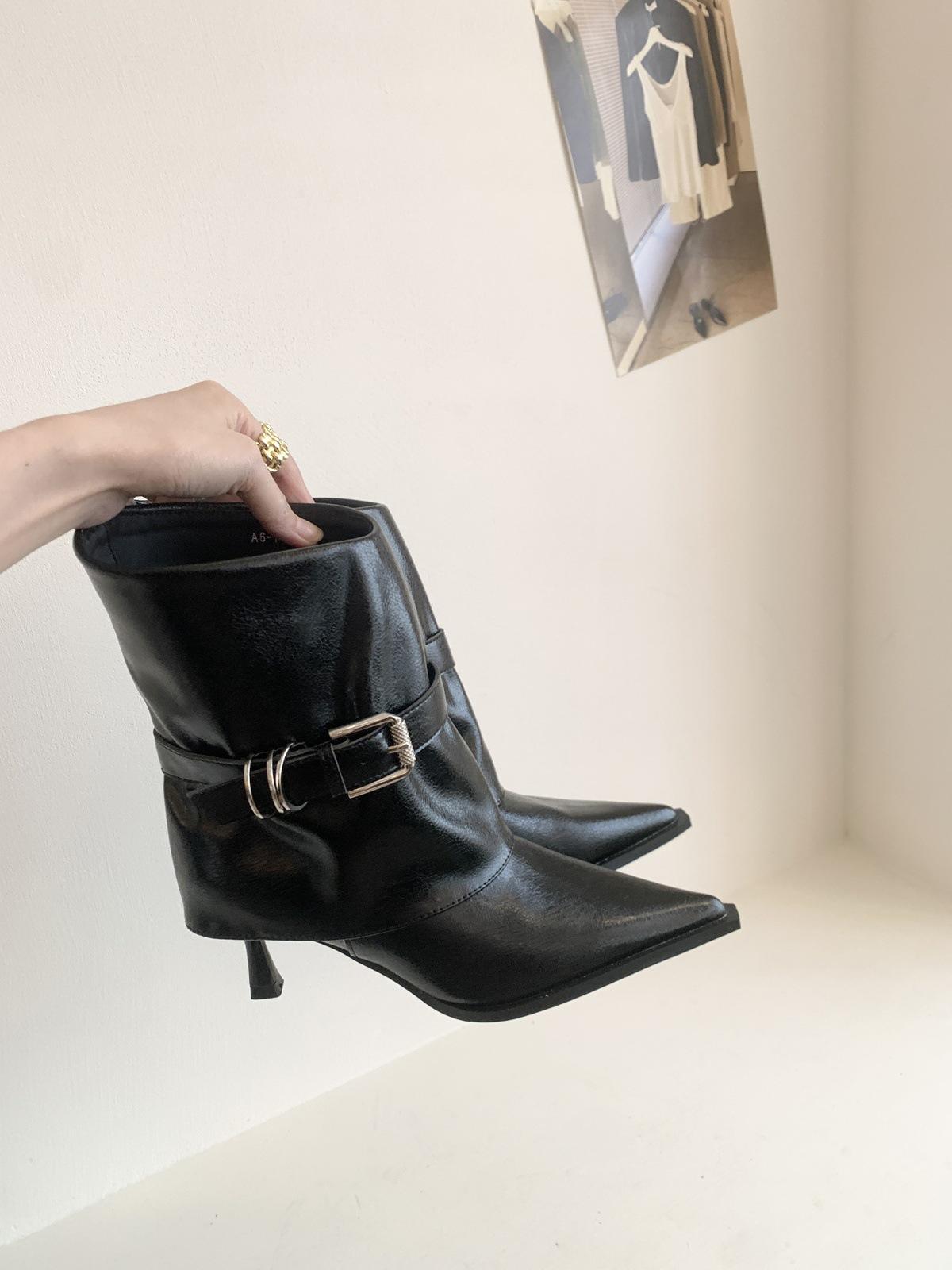 French temperament pointed high heel short boots women s belt buckle design thin heel trouser boots knight short boots 35