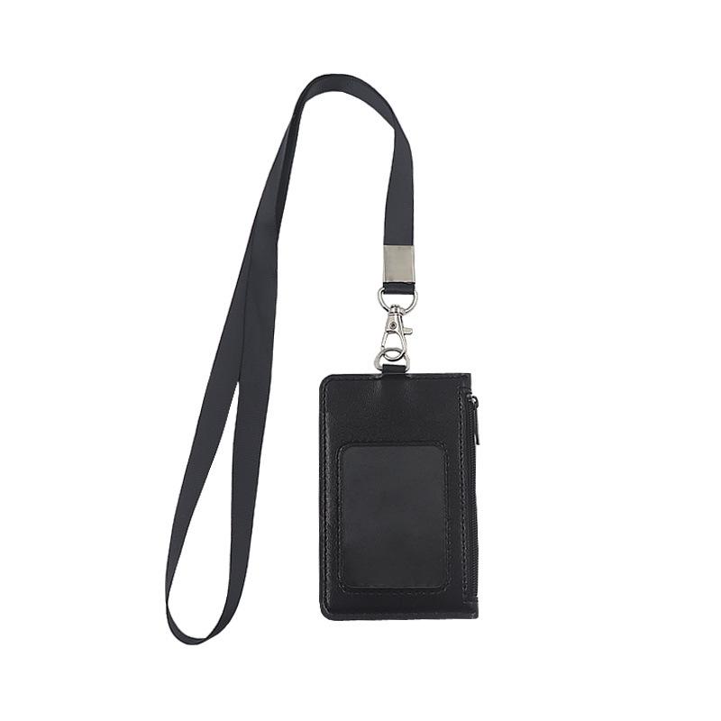

Pu Leather Zipper ID Card Holder Wallet with Neck Lanyard -Multi-Slot Badge Reel for Employee Staff Coin Money Card Purse Bag чёрный