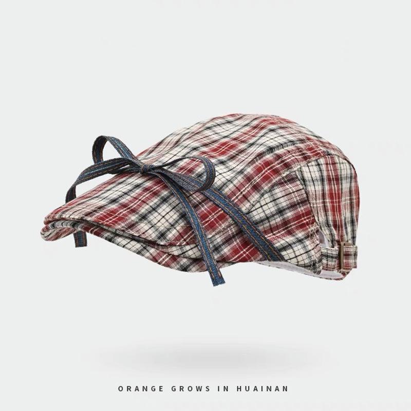 Bow Tie, Plaid, Forward Hat, Female, Sweet, Thin, Reverse Beret, Duckbill Hat