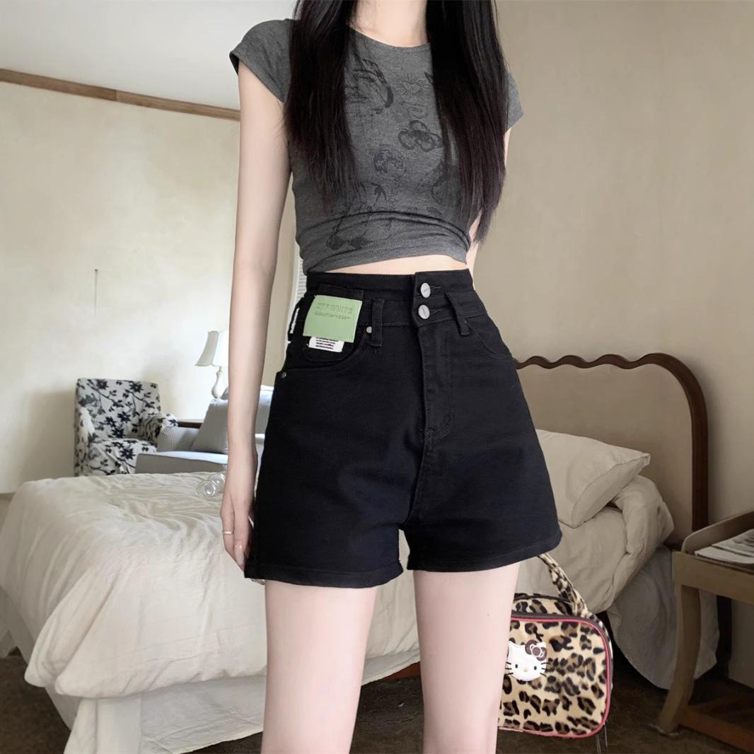 

Women s High Waist Slimming A-Line Denim Shorts - Solid Color, Loose, Versatile, Tummy Control, Wide Leg for Summer 2025. S (80-100 lbs) чорний