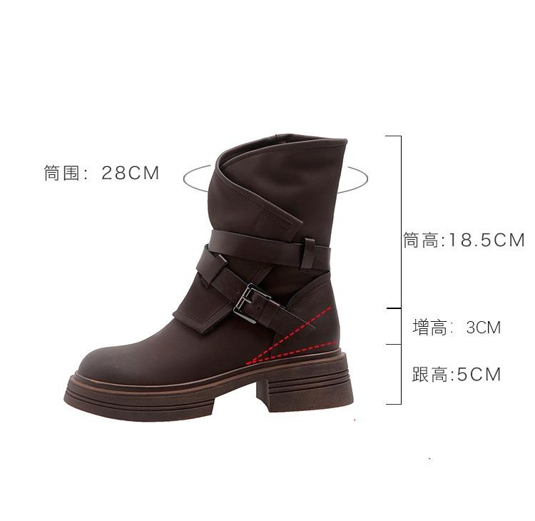 New spot short boots women's 2025 autumn and winter new inner height increase Martin boots women's boots retro belt buckle thick heel western
