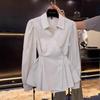 Dames Polo Kraag Lange Mouw Onregelmatige Pasvorm Gestreept Blouse Casual Knopen Voorkant Top