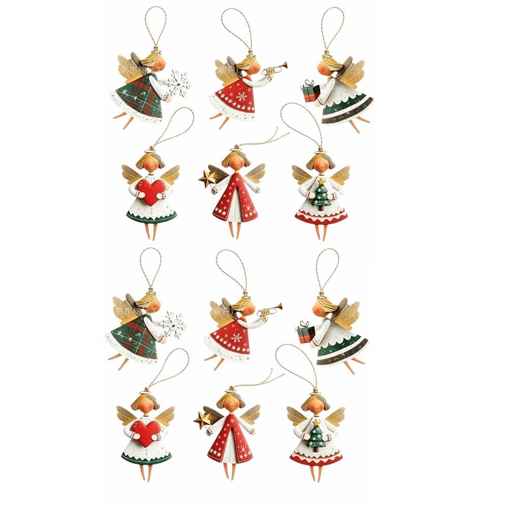 12pcs Colorful Design Christmas Hanging Wooden Xmas Decor Sweet Girl-Shaped Pendant New Year Gift