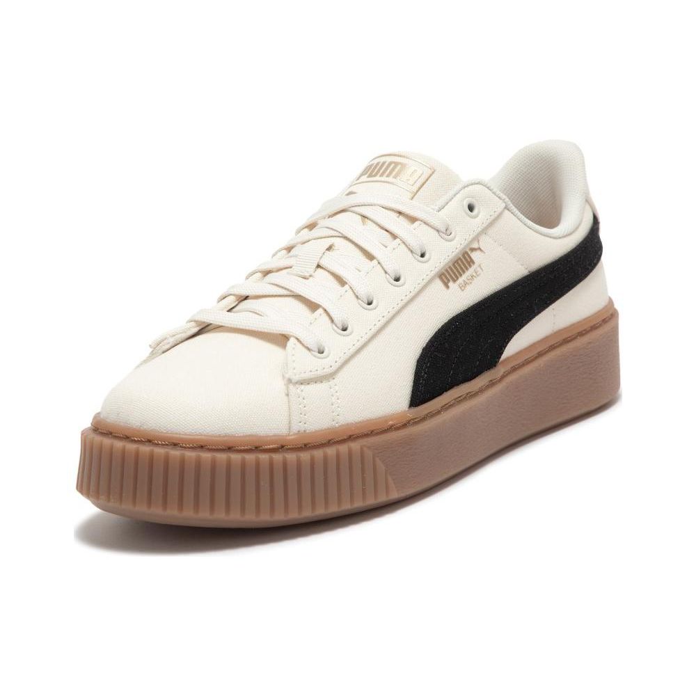 Puma Basket Platform Canvas Casual Increased Height Low Top Skate Shoes Women Sneaker Beige Black 399251-01