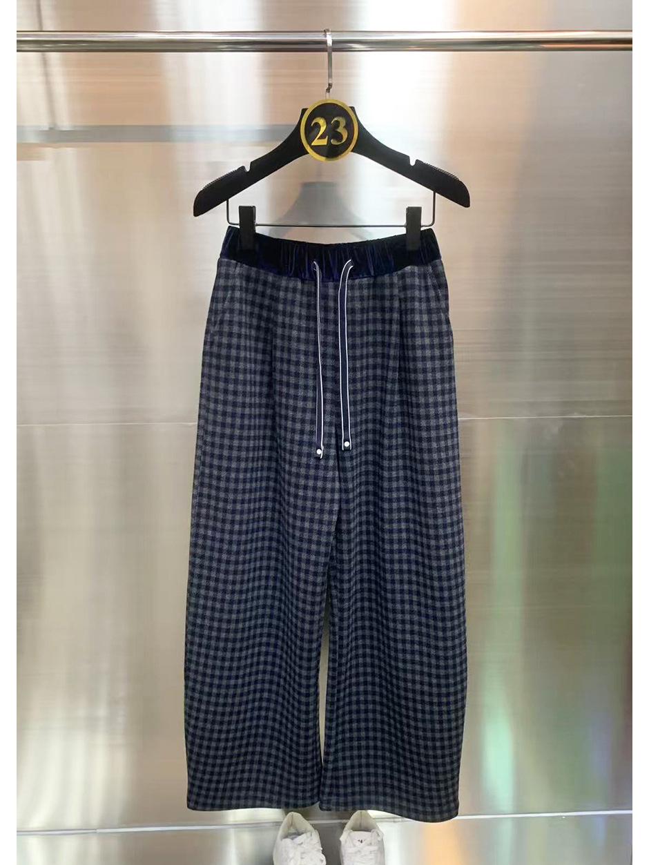 Autumn/Winter 2025 Grey-Blue Plaid Patchwork Drawstring Pants 1171 Small